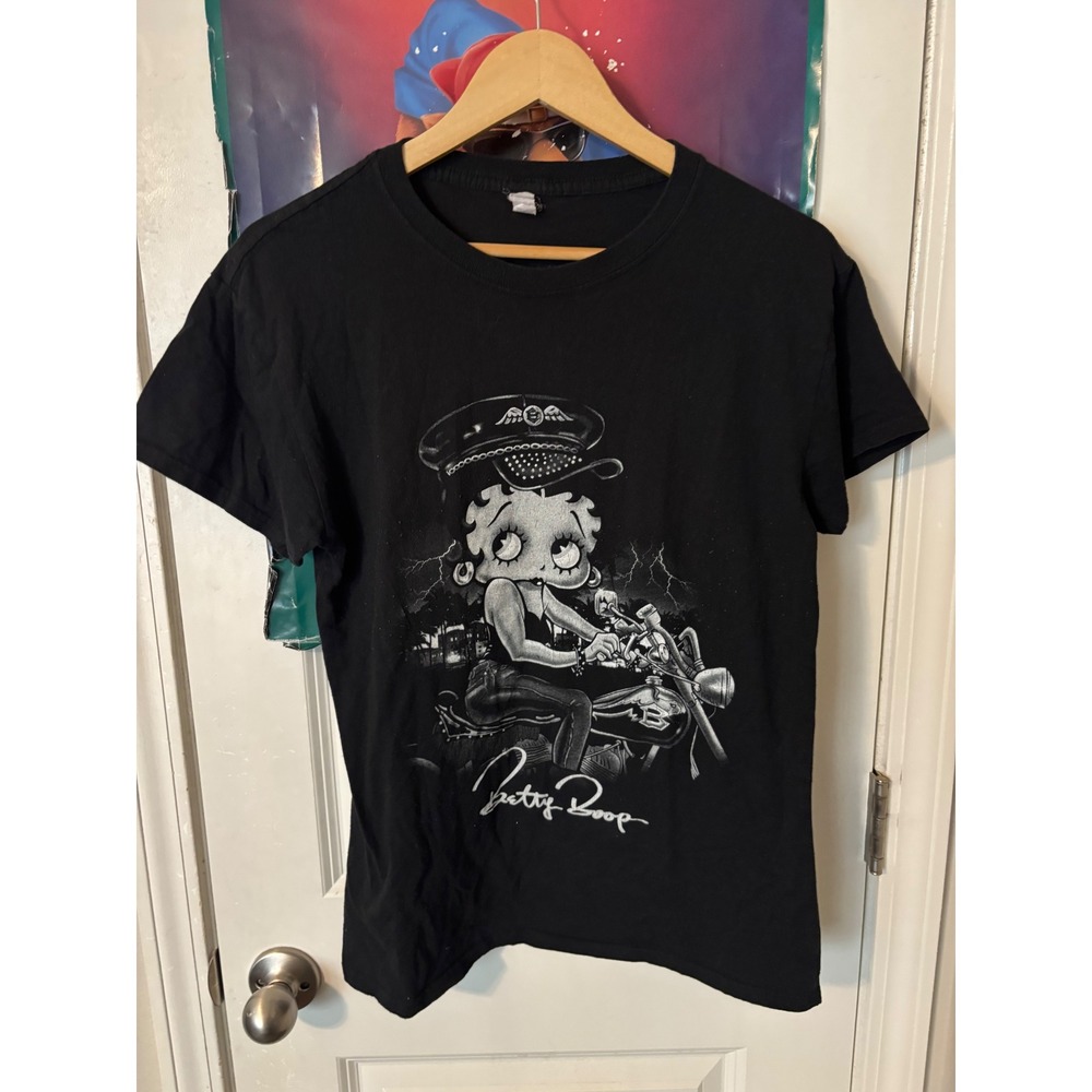 Betty Boop Biker y2k T-Shirt Black Short Sleeve Crewneck Women Medium